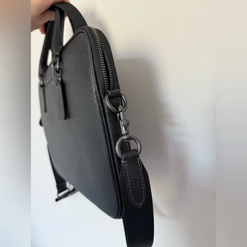 Unisex Coach black Leather Laptop Bag with Detachable Strap
